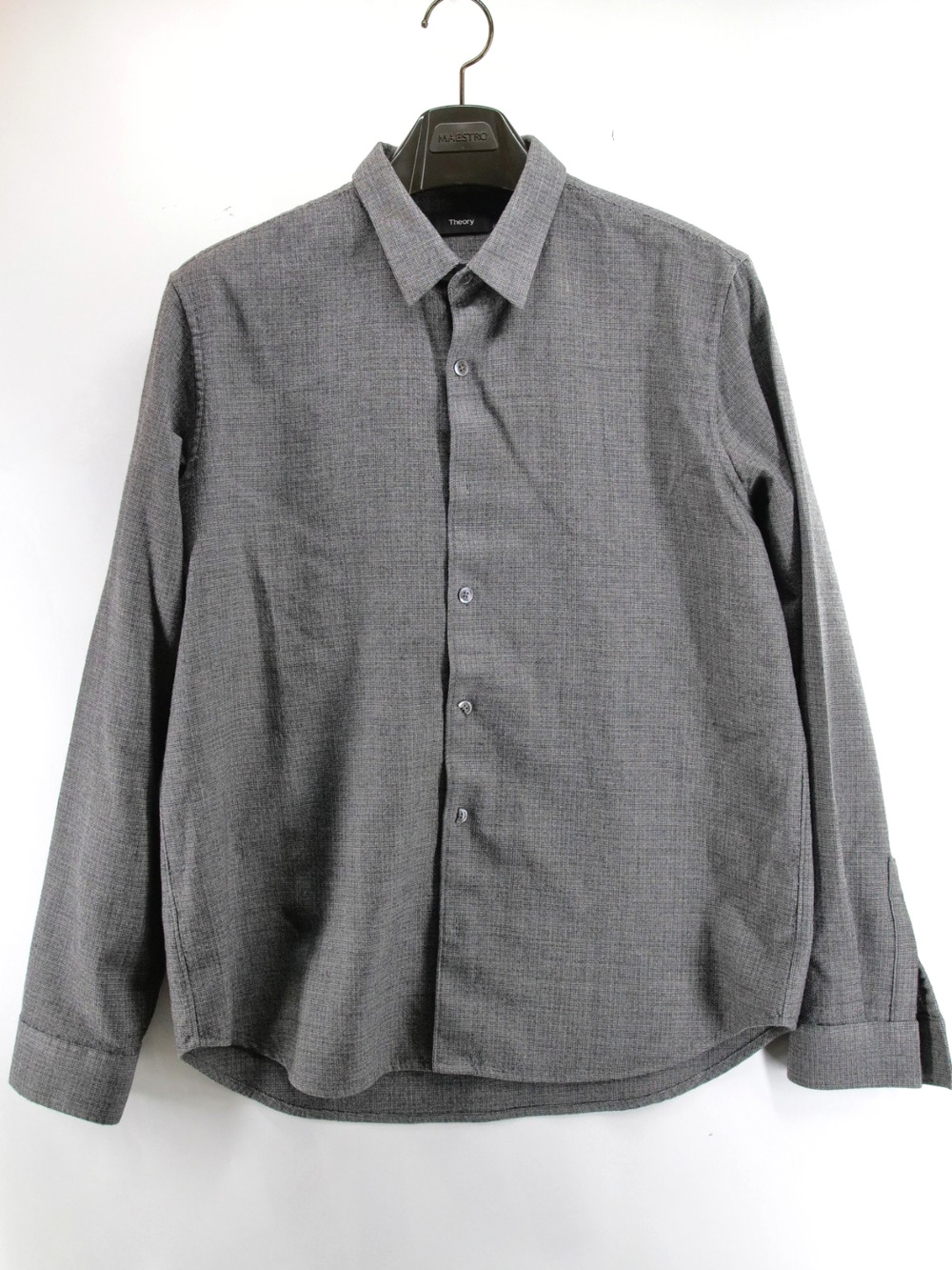 Theory Rammy Shirt Mens XL Gray Pin Check Button Up 100% Wool Long Sleeve
